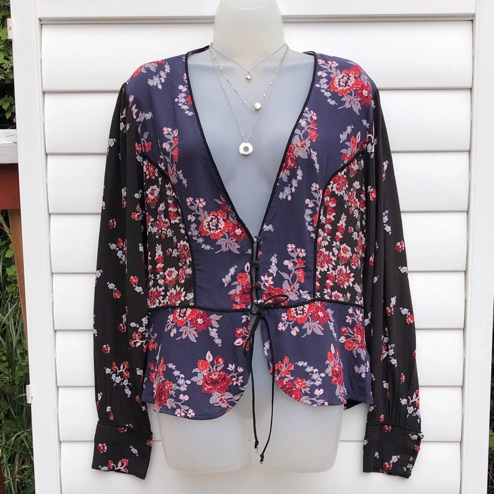 Free People Navy Floral Tie-Front Blouse with Black Sheer Sleeves